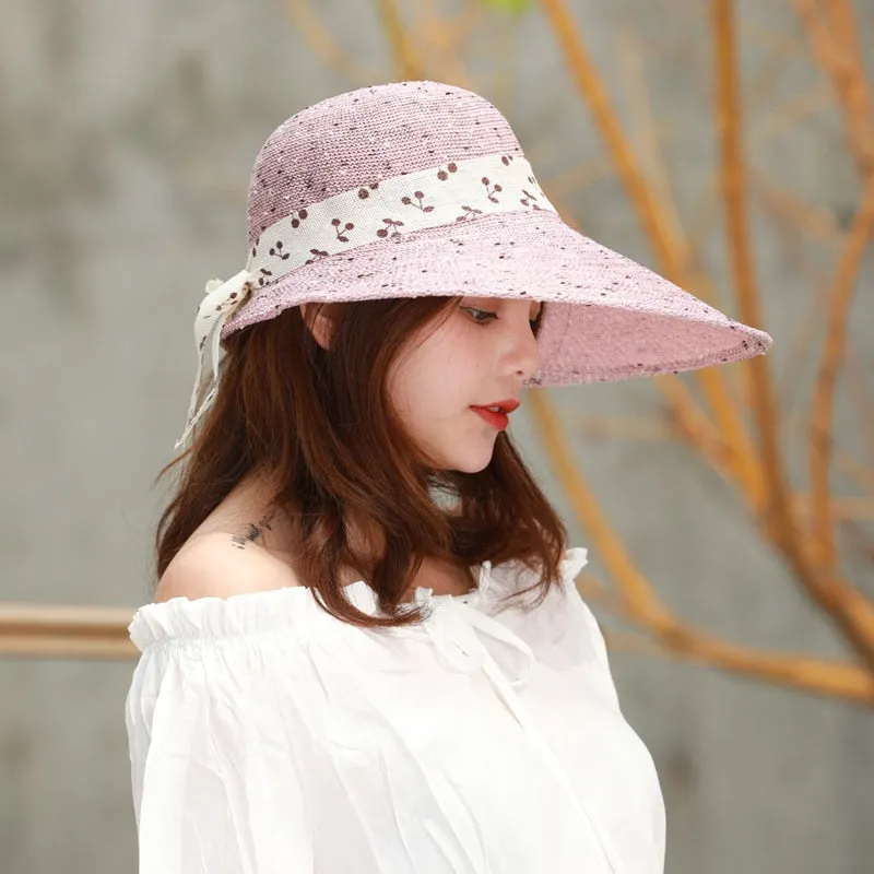 2019 New Fashion Women Sunshade Hat Widen Brim Bowknot Decor Breathable Beach Cap