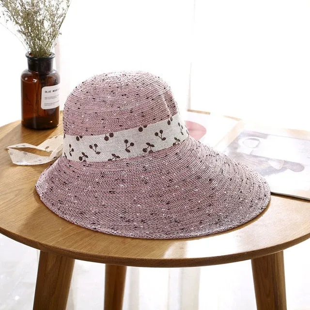2019 New Fashion Women Sunshade Hat Widen Brim Bowknot Decor Breathable Beach Cap