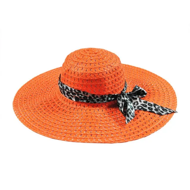 2019 Summer Straw Hats For Beach Sun Hats Bowknot Leopard Ribbon Hollow Cap Large Brim Visor For Women