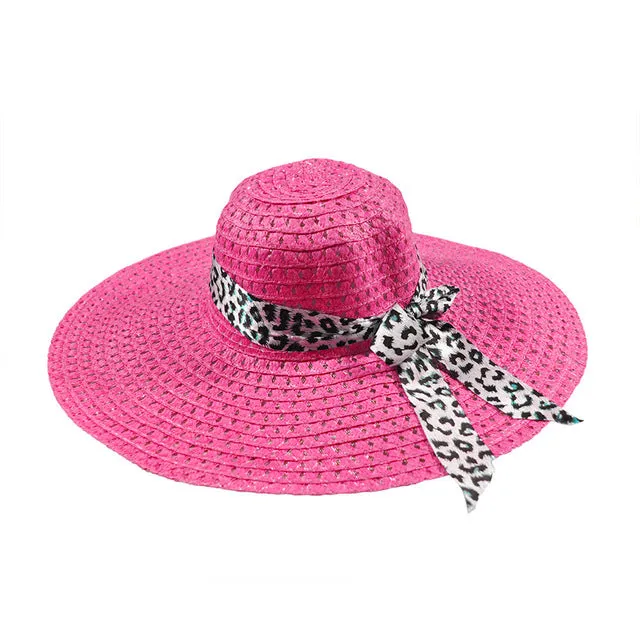 2019 Summer Straw Hats For Beach Sun Hats Bowknot Leopard Ribbon Hollow Cap Large Brim Visor For Women