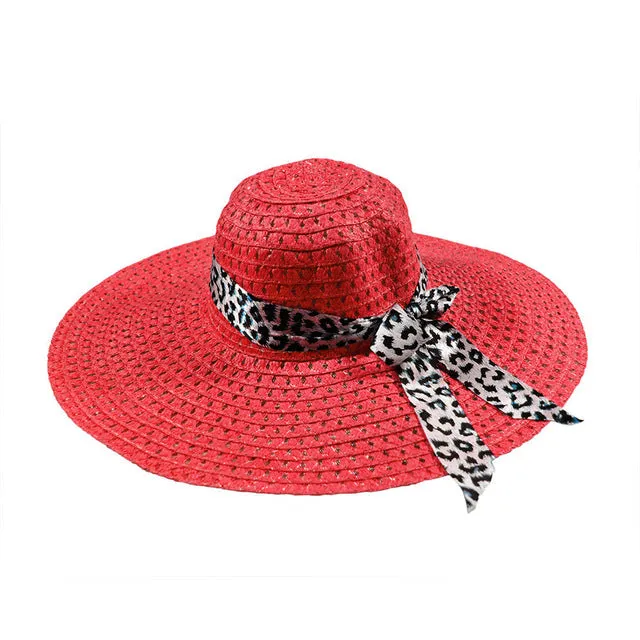 2019 Summer Straw Hats For Beach Sun Hats Bowknot Leopard Ribbon Hollow Cap Large Brim Visor For Women