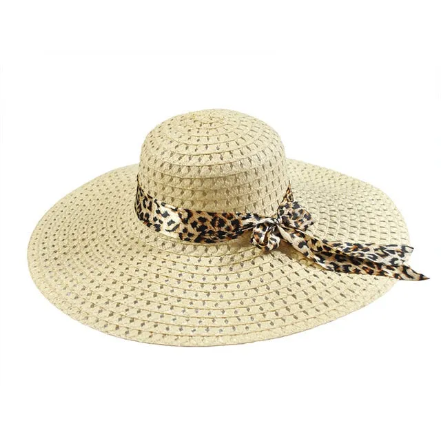 2019 Summer Straw Hats For Beach Sun Hats Bowknot Leopard Ribbon Hollow Cap Large Brim Visor For Women