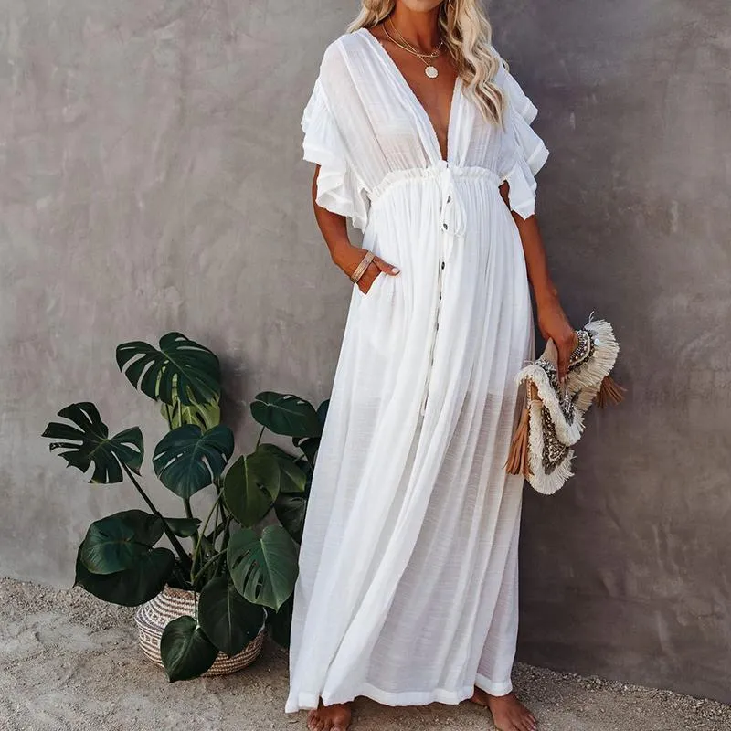 Boho Dress - Long Maxi Solid V neck