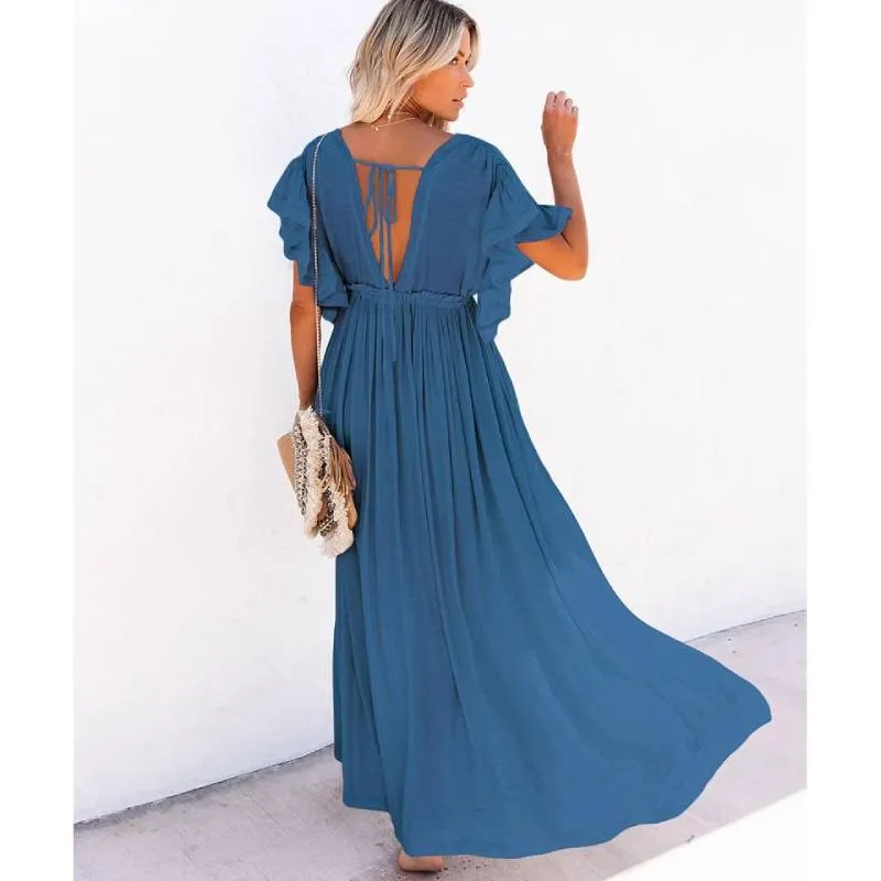 Boho Dress - Long Maxi Solid V neck