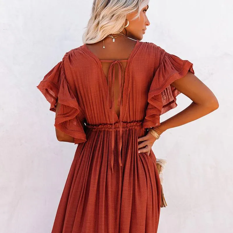 Boho Dress - Long Maxi Solid V neck