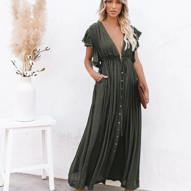 Boho Dress - Long Maxi Solid V neck