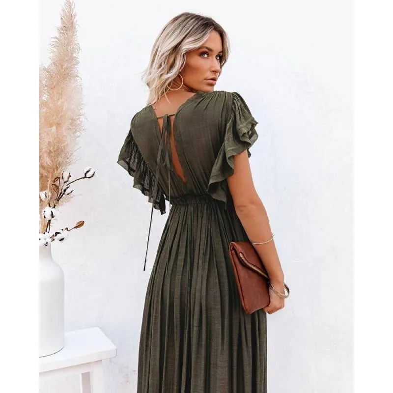 Boho Dress - Long Maxi Solid V neck