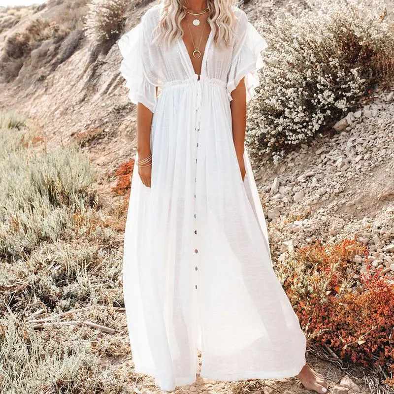 Boho Dress - Long Maxi Solid V neck