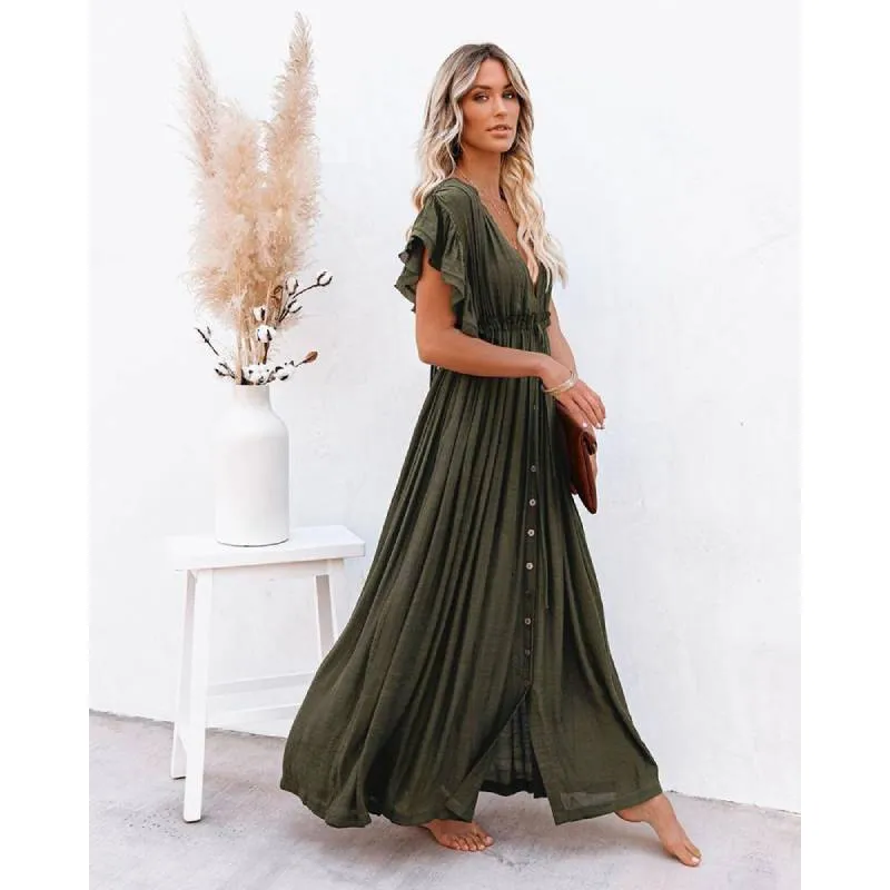 Boho Dress - Long Maxi Solid V neck