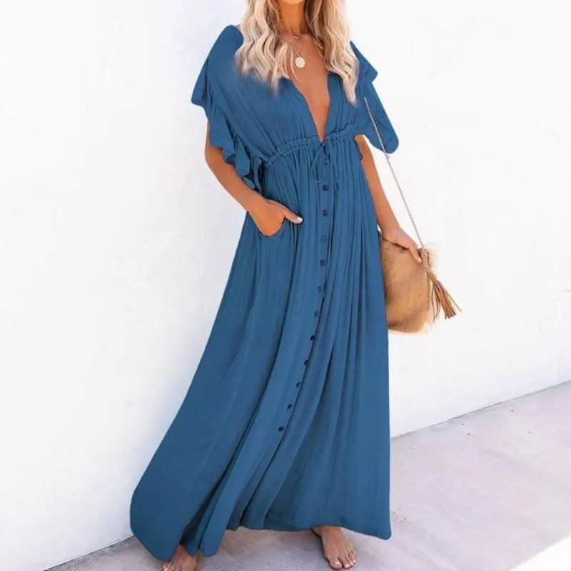 Boho Dress - Long Maxi Solid V neck