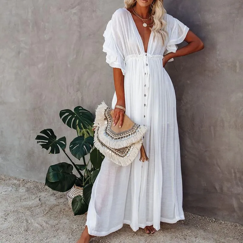 Boho Dress - Long Maxi Solid V neck