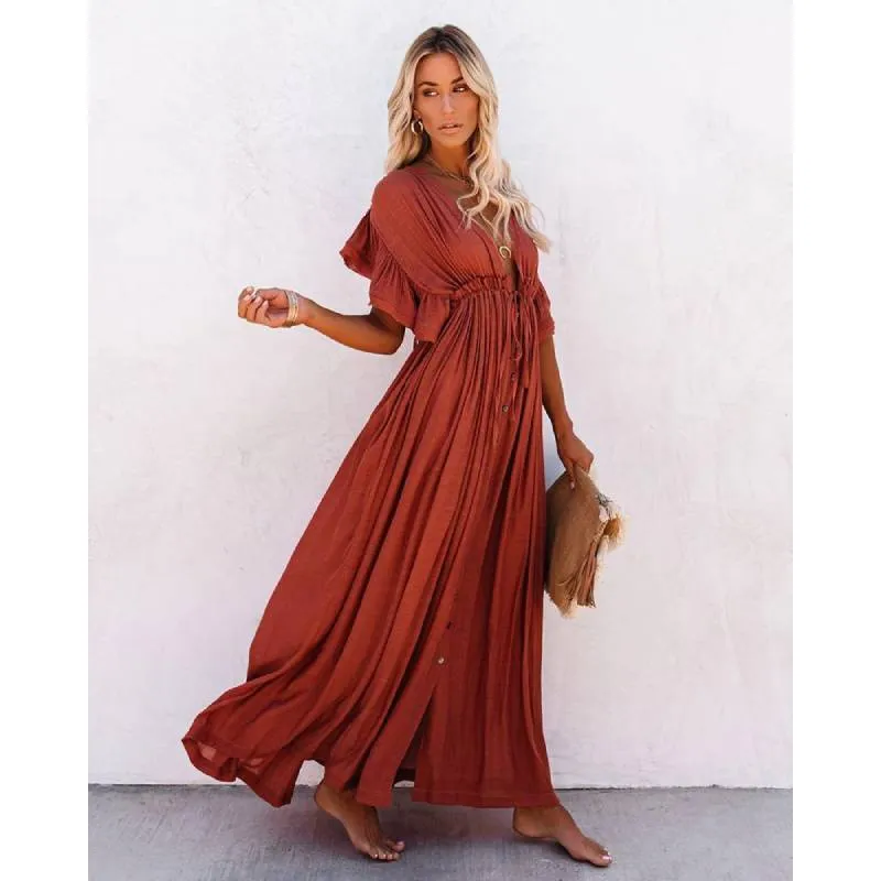 Boho Dress - Long Maxi Solid V neck