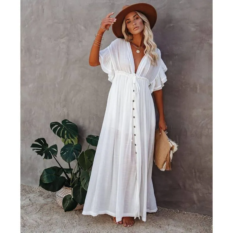 Boho Dress - Long Maxi Solid V neck