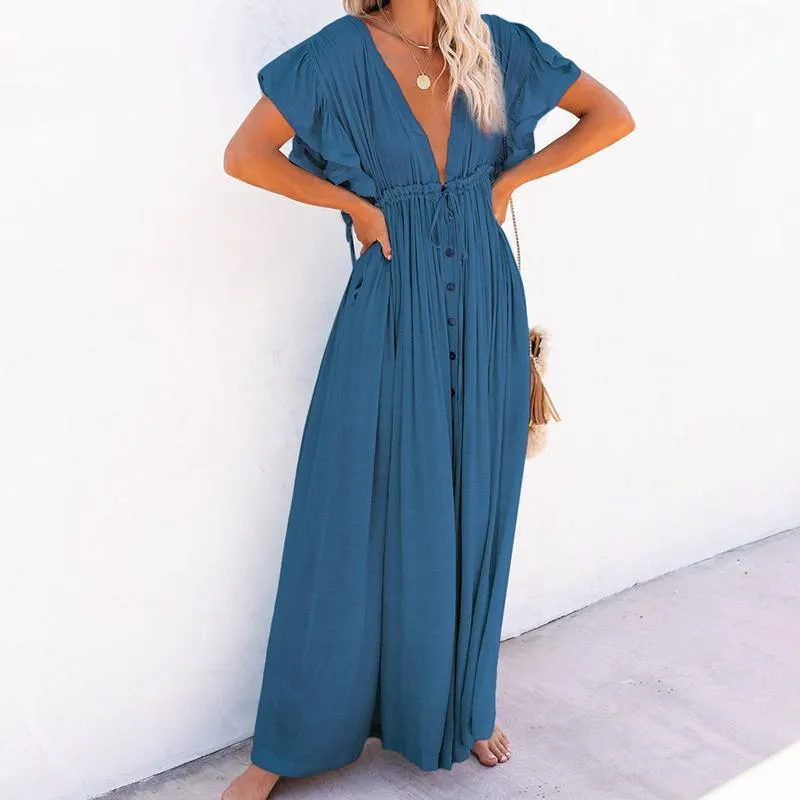 Boho Dress - Long Maxi Solid V neck