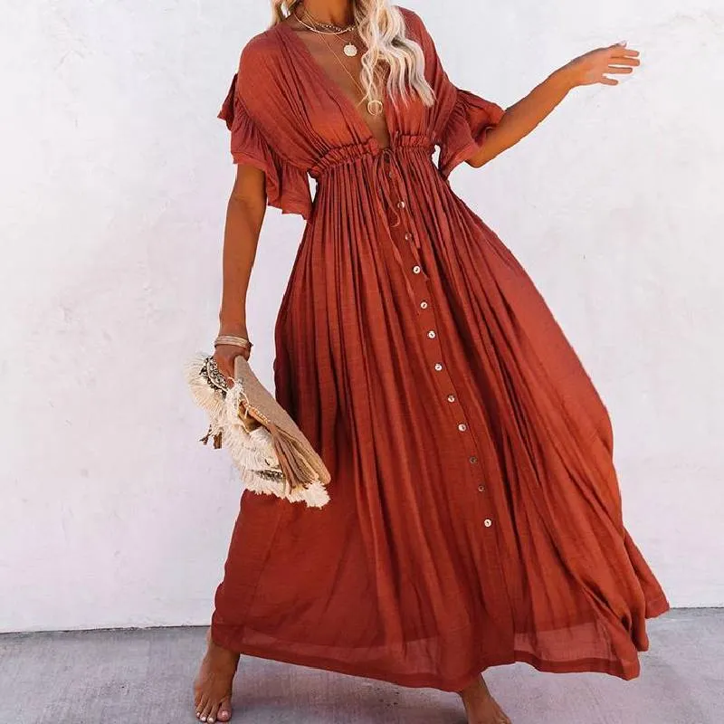 Boho Dress - Long Maxi Solid V neck
