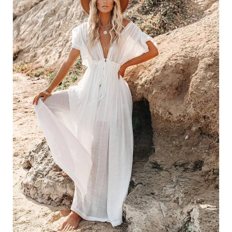 Boho Dress - Long Maxi Solid V neck