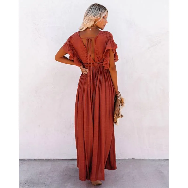 Boho Dress - Long Maxi Solid V neck