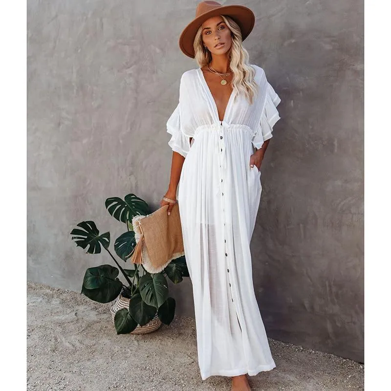 Boho Dress - Long Maxi Solid V neck