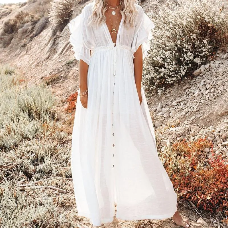 Boho Dress - Long Maxi Solid V neck