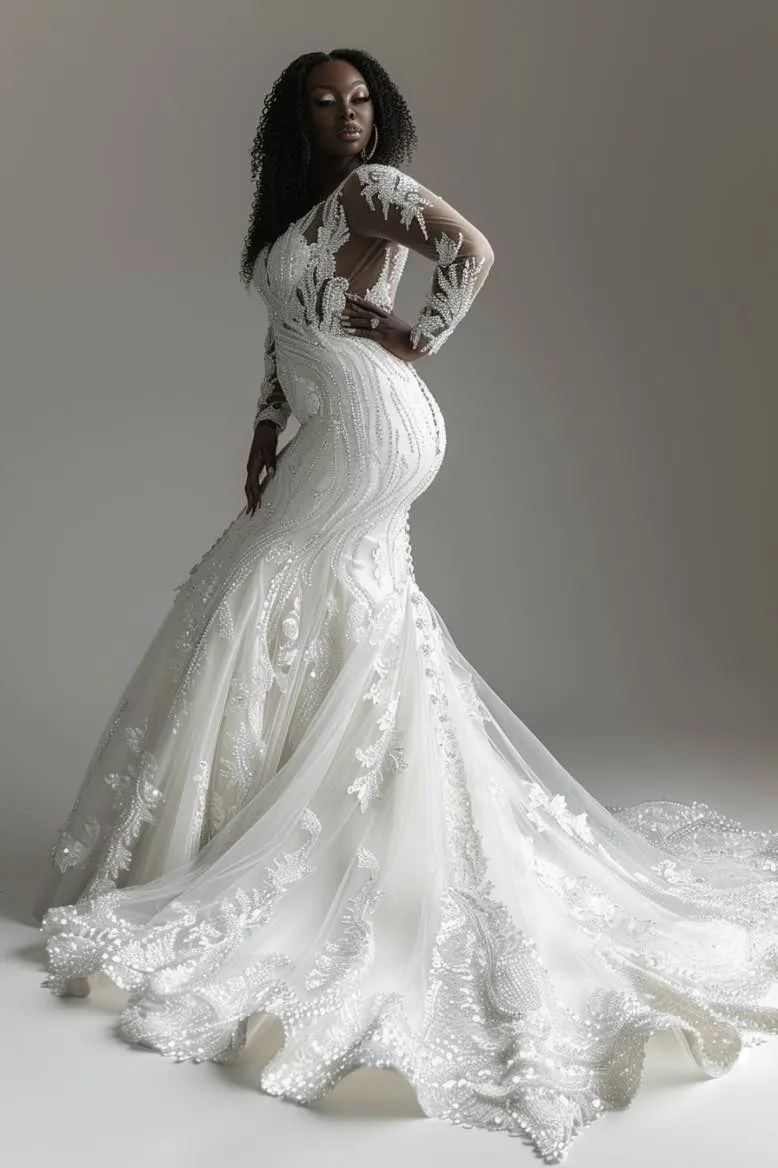Callie  Elegant V Neck  White Mermaid Gown  Wedding Dress