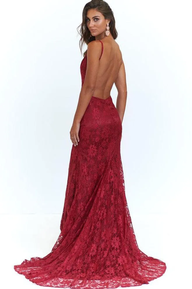 Elegant Mermaid Pink Lace Long Evening Dress