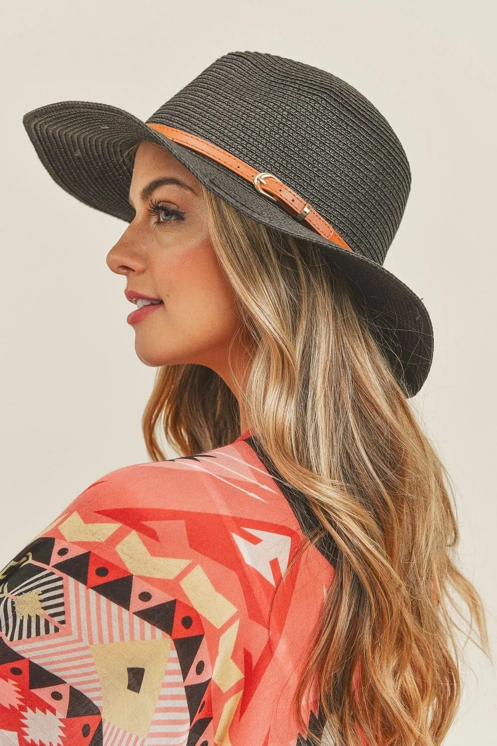 MH0072 Leather Band Fedora Straw Hat
