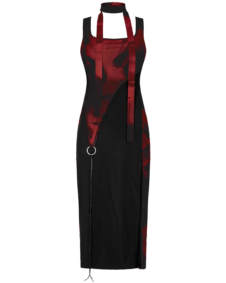 OPQ-1404LQF-BKRDF Daily Life Urban Casuals 2-Piece Tie Dye Midi Dress - Black & Red