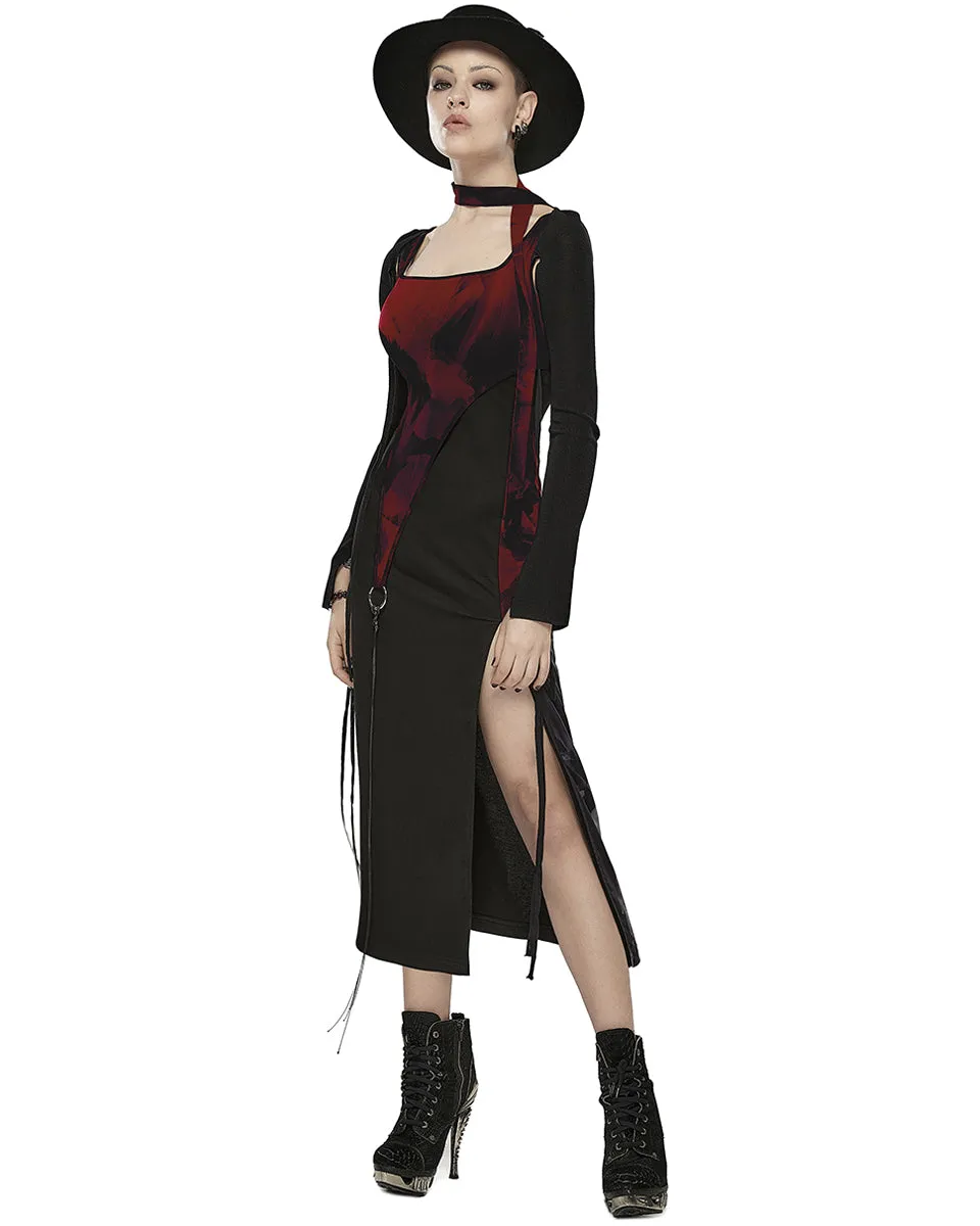 OPQ-1404LQF-BKRDF Daily Life Urban Casuals 2-Piece Tie Dye Midi Dress - Black & Red