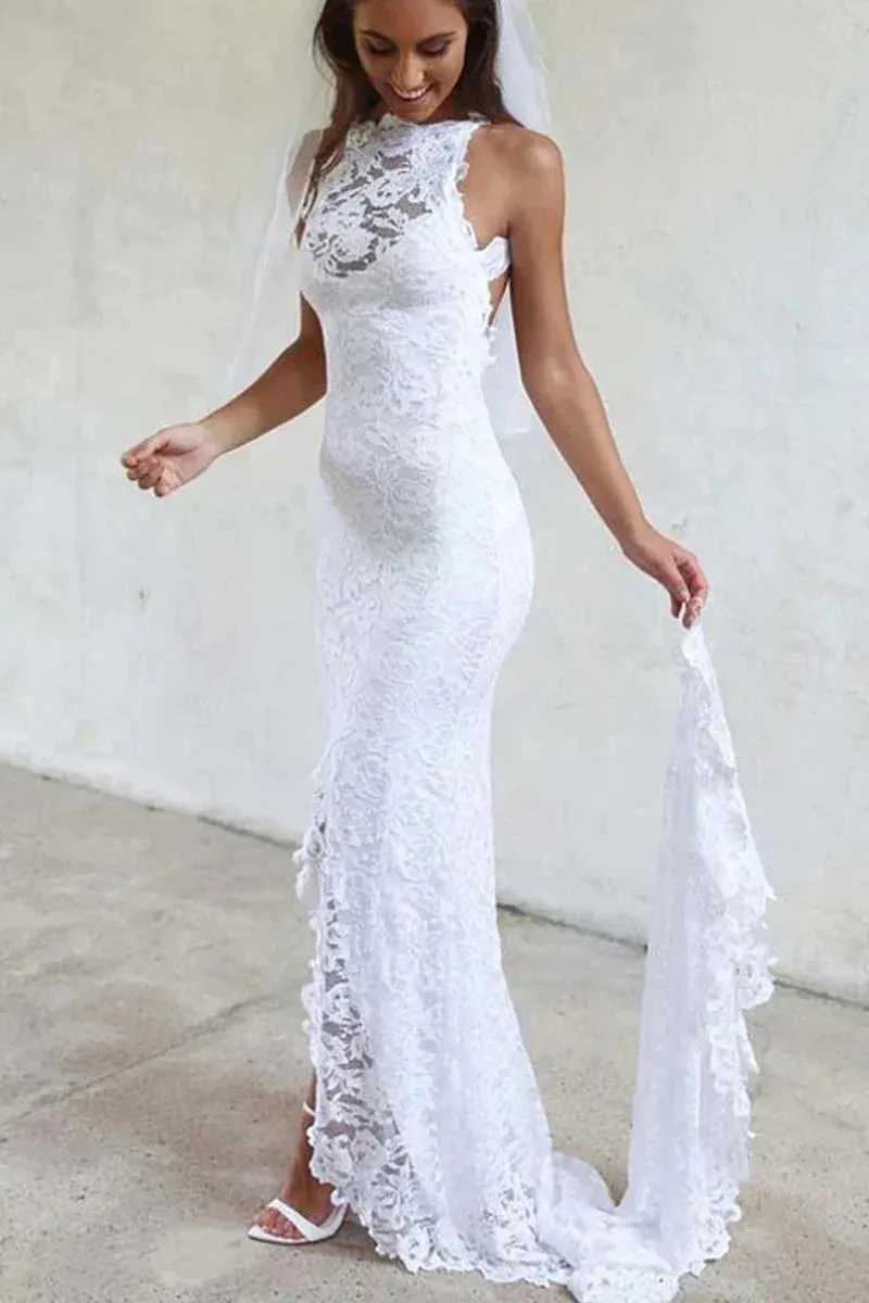 Sexy Mermaid Jewel Lace Backless Beach Wedding Dresses With Court Train