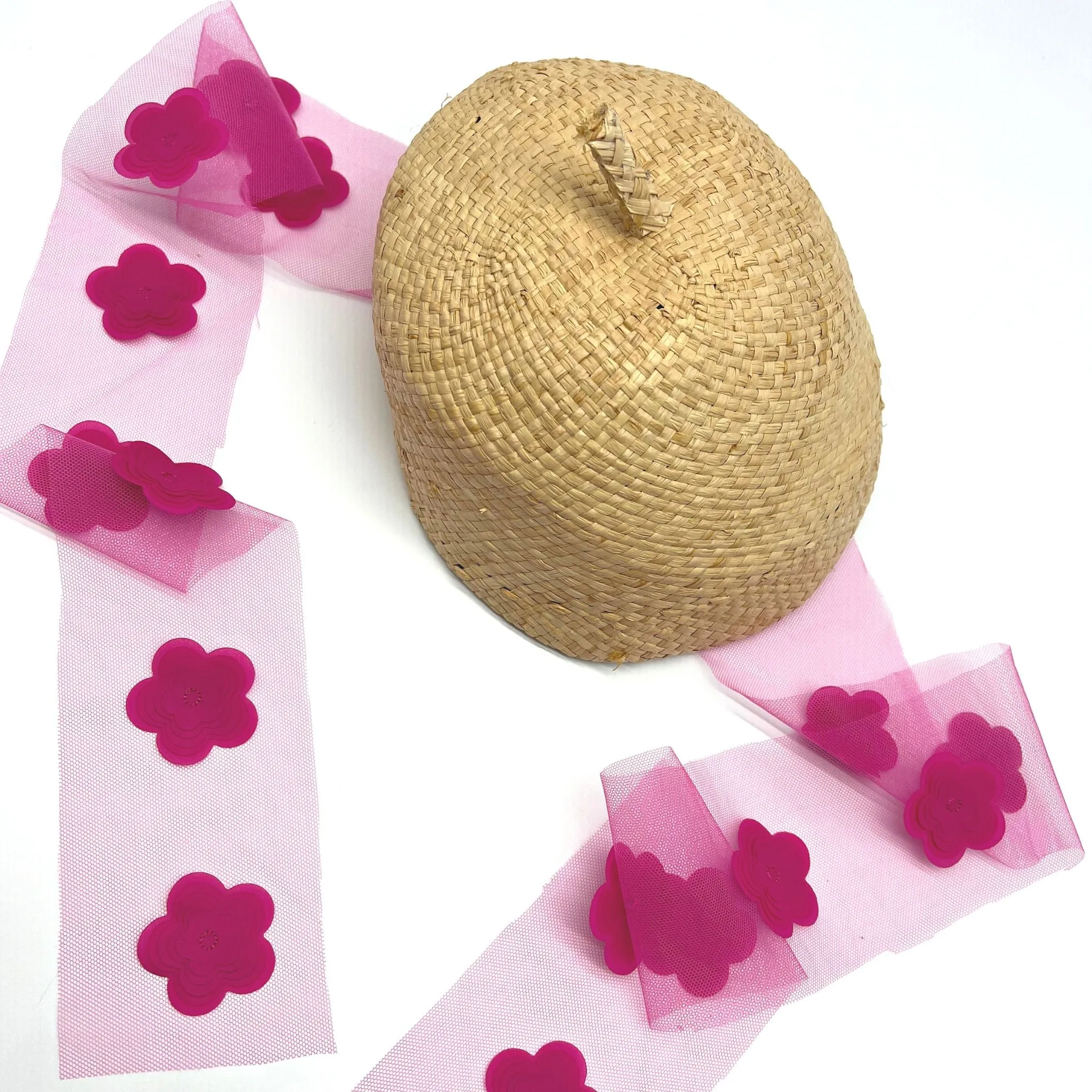 Straw Beret Hat with Pink Flowers for Girls