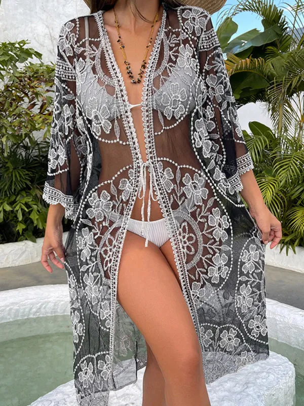 Vacation Kimono See-Through Beach Robe - 3D Embroidered Cover Up