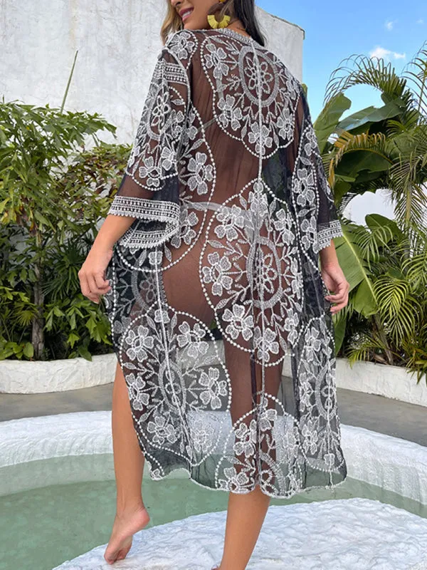 Vacation Kimono See-Through Beach Robe - 3D Embroidered Cover Up