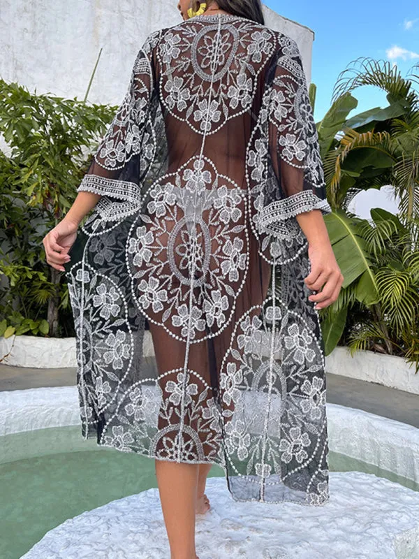 Vacation Kimono See-Through Beach Robe - 3D Embroidered Cover Up