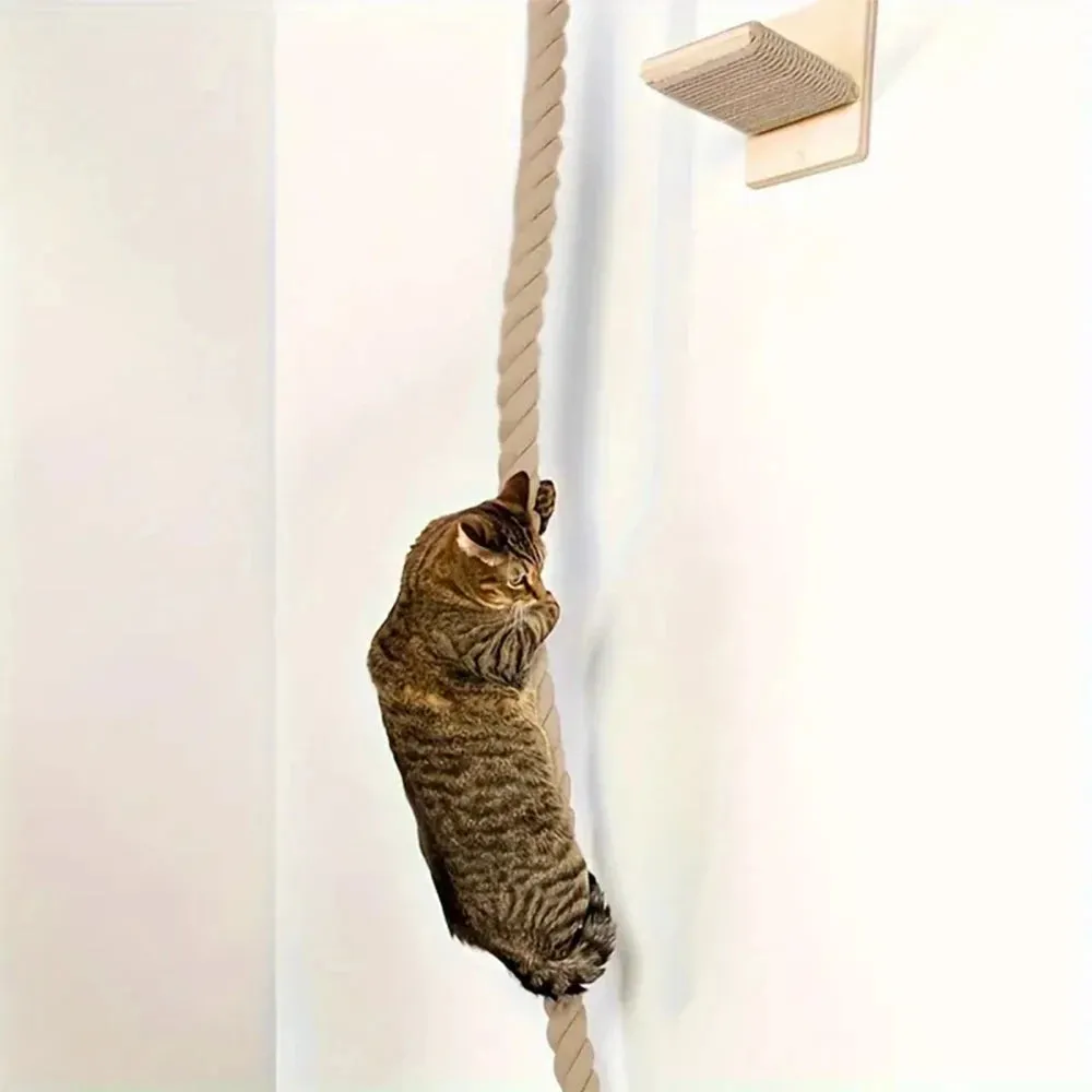 Wall-mounted Cat Climbing Rope Solid Wooden Pedals And  Sisal Rope Kitten Training Claw Grinding Indoor Cat Furniture