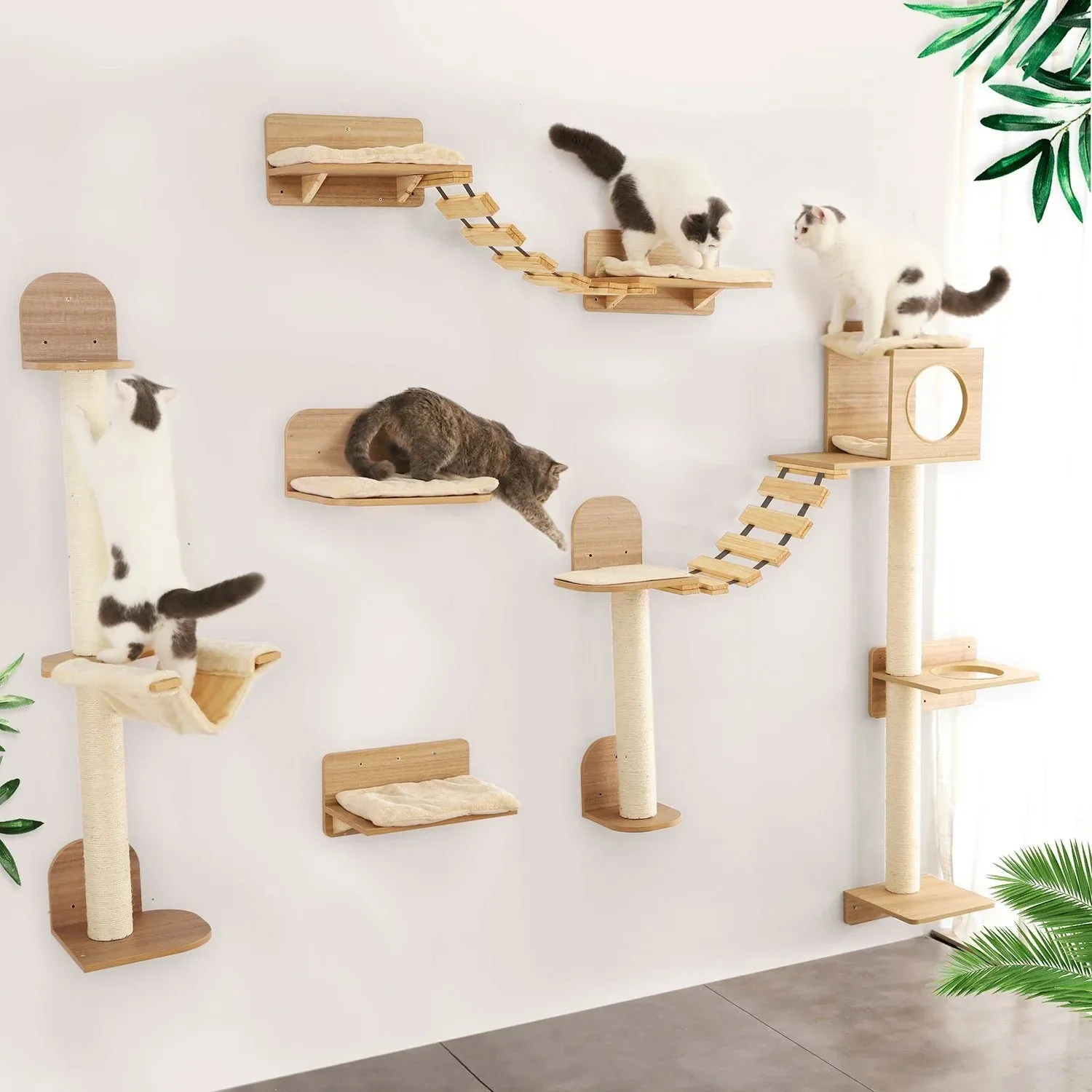 Wall-mounted Cat Climbing Rope Solid Wooden Pedals And  Sisal Rope Kitten Training Claw Grinding Indoor Cat Furniture