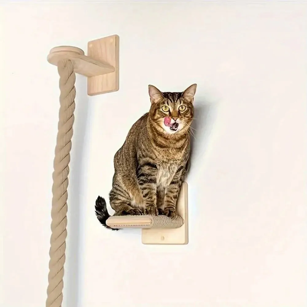 Wall-mounted Cat Climbing Rope Solid Wooden Pedals And  Sisal Rope Kitten Training Claw Grinding Indoor Cat Furniture