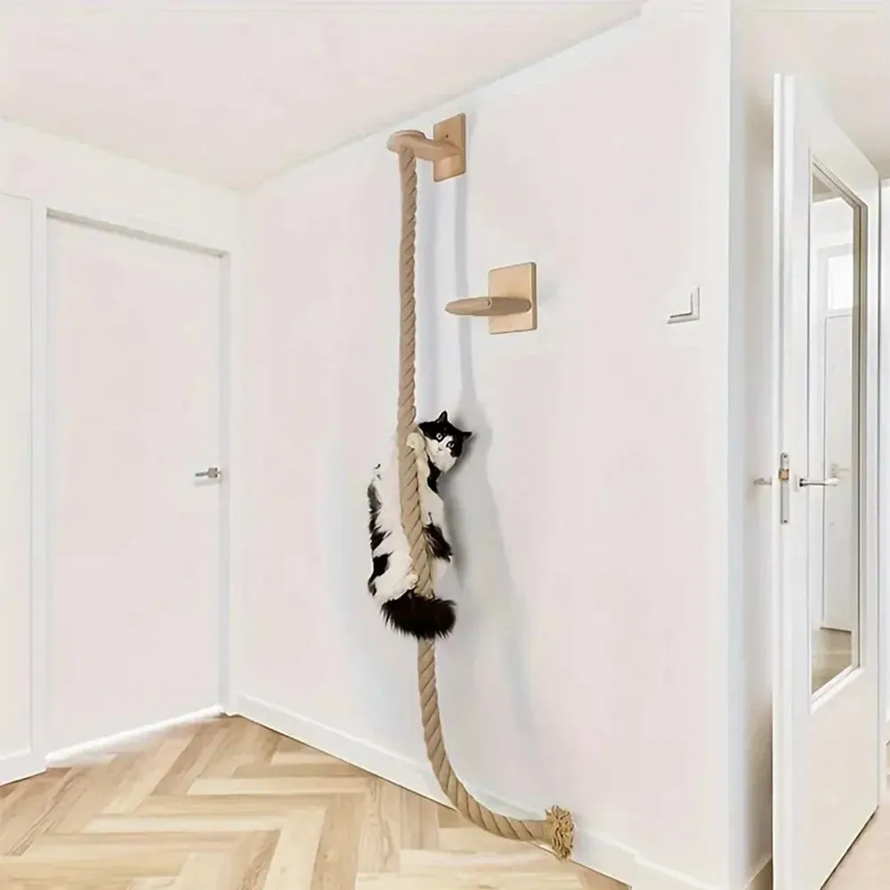 Wall-mounted Cat Climbing Rope Solid Wooden Pedals And  Sisal Rope Kitten Training Claw Grinding Indoor Cat Furniture